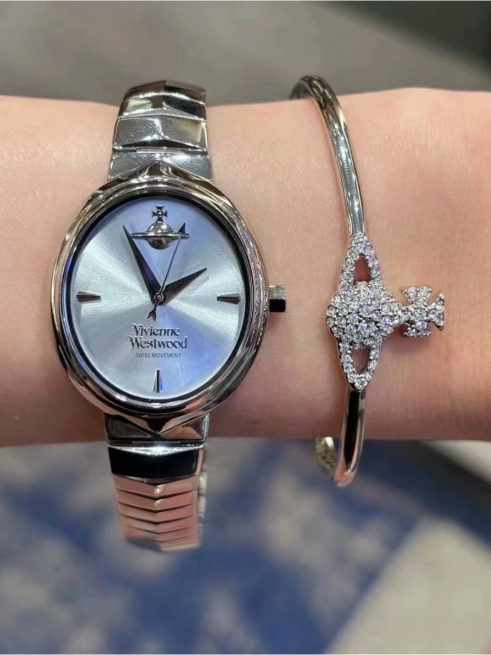 Vivienne Westwood Silver Bracelet Watch with Light Blue Iridescent Dial